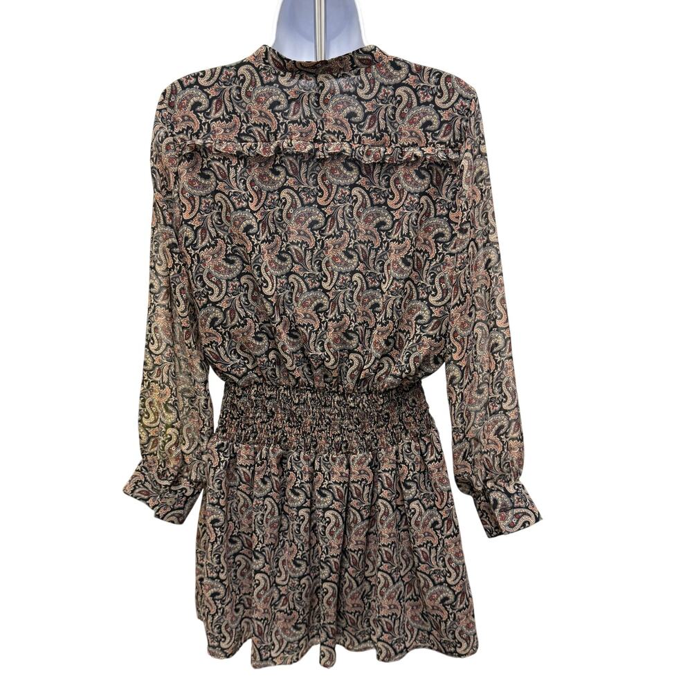 Zara Womens SZ M printed mini dress brown paisley floral pink blue long sleeve - Picture 4 of 6